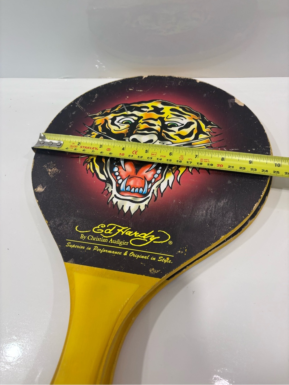 Ed Hardy Tiger Graphic Paddle Ball Set - Black & Yellow- vintage pair wooden - Picture 3 of 4